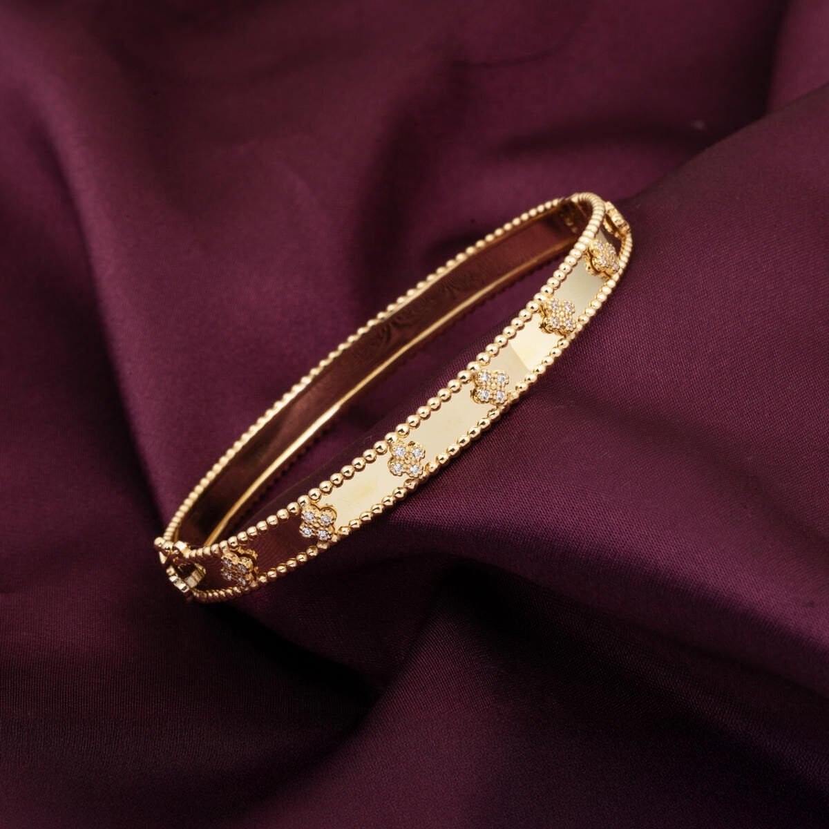 14K Yellow Gold Clover Women's Hinged Cuff Cubic Zirconia Bangle