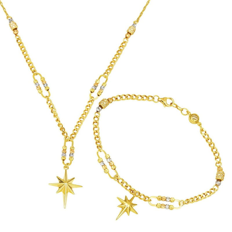 14K Yellow Gold Curb Chain North Star Cubic Zirconia Jewelry Set