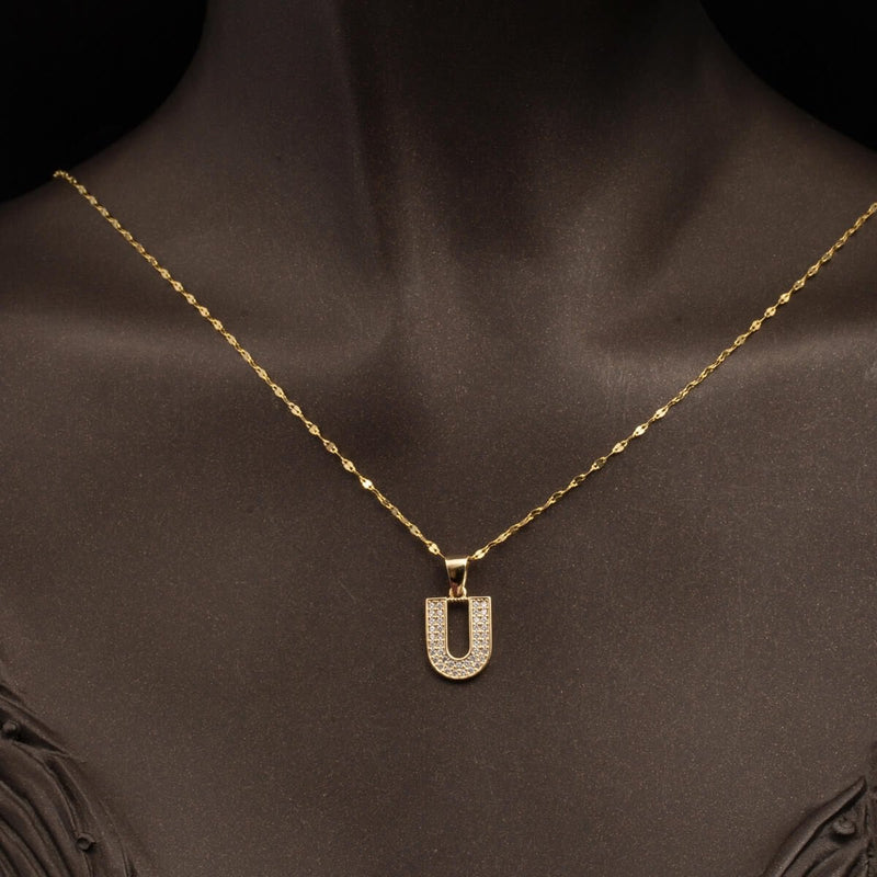 14K Yellow Gold U Initial Cubic Zirconia Necklace