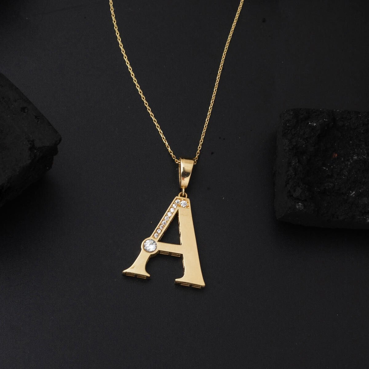 14K Yellow Gold Lettera Large A Initial Cubic Zirconia Necklace