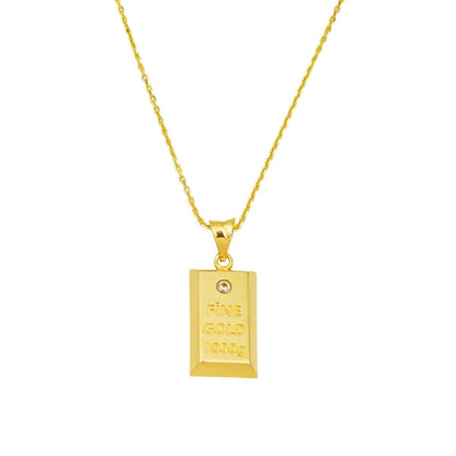 14K Yellow Gold Solitaire Gold Bar Cubic Zirconia Chain Necklace