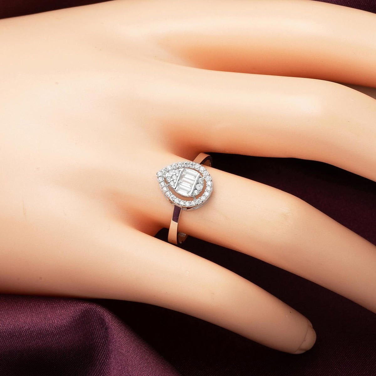 14K White Gold Teardrop Baguette Cubic Zirconia Ring