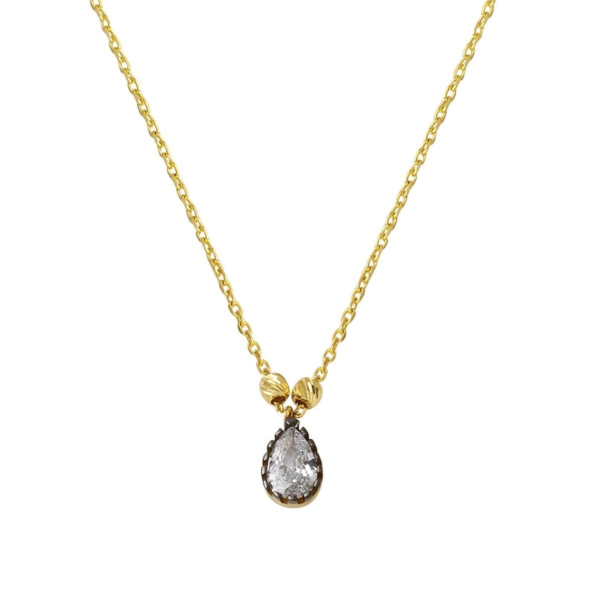 14K Yellow Gold Teardrop Diamond Style Cubic Zirconia Necklace