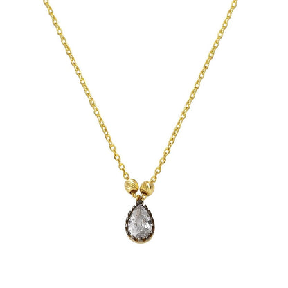 14K Yellow Gold Teardrop Diamond Style Cubic Zirconia Necklace