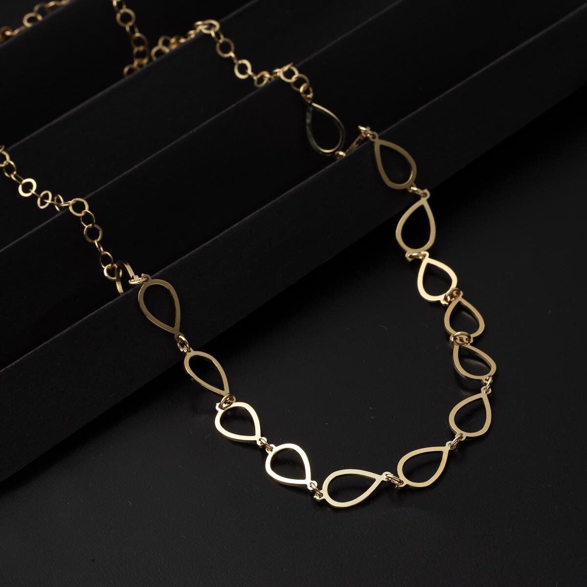 14K Yellow Gold Teardrop Hoop Chain Necklace