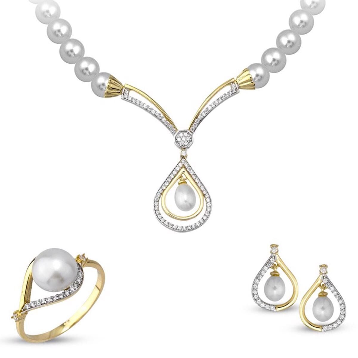 14K Yellow Gold Teardrop Bridal Pearl Jewelry Set