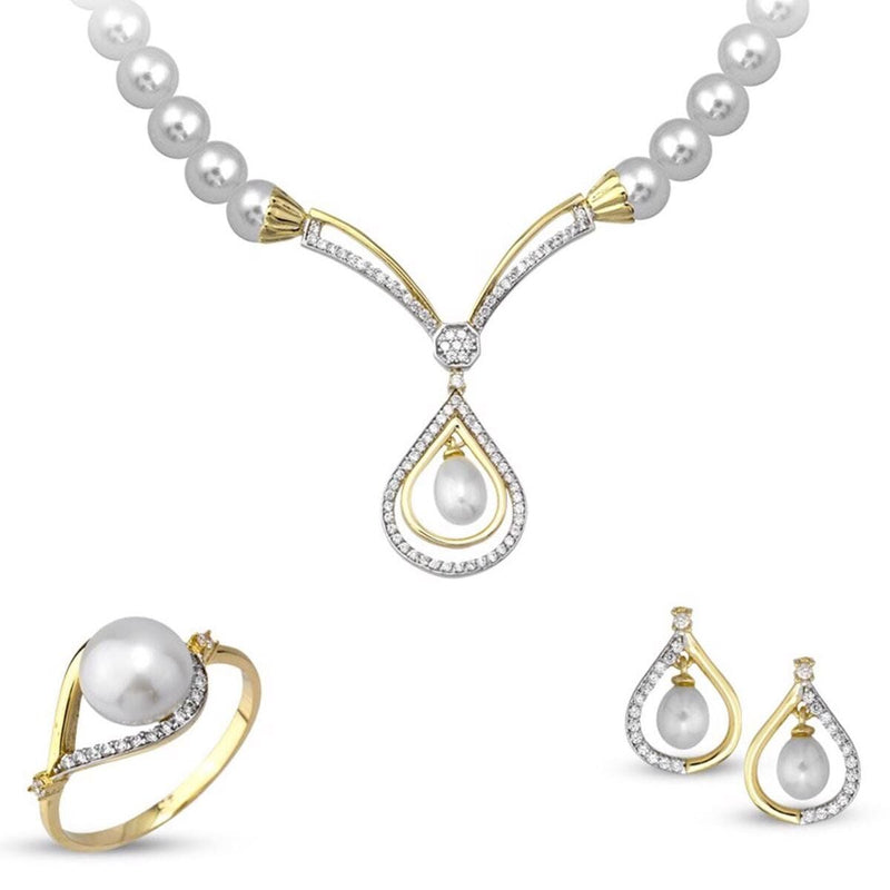14K Yellow Gold Teardrop Bridal Pearl Jewelry Set