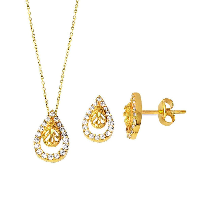 14K Yellow Gold Teardrop Mini Cubic Zirconia Necklace and Earrings Set