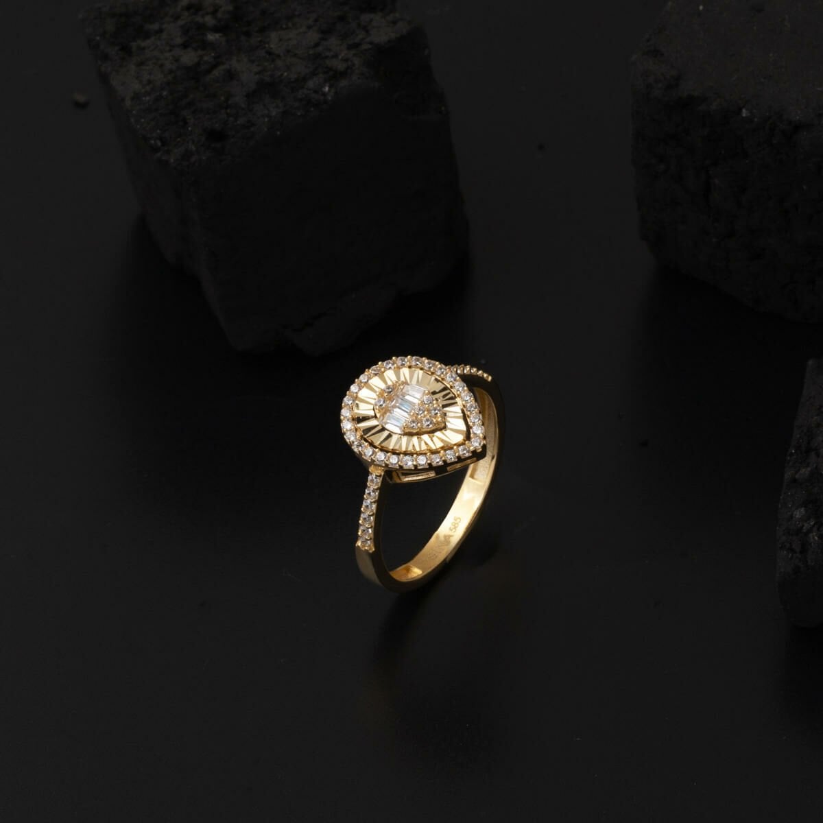 14K Yellow Gold Teardrop Baguette Cubic Zirconia Ring