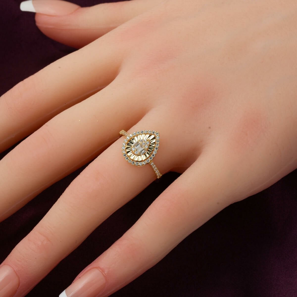 14K Yellow Gold Teardrop Baguette Cubic Zirconia Ring