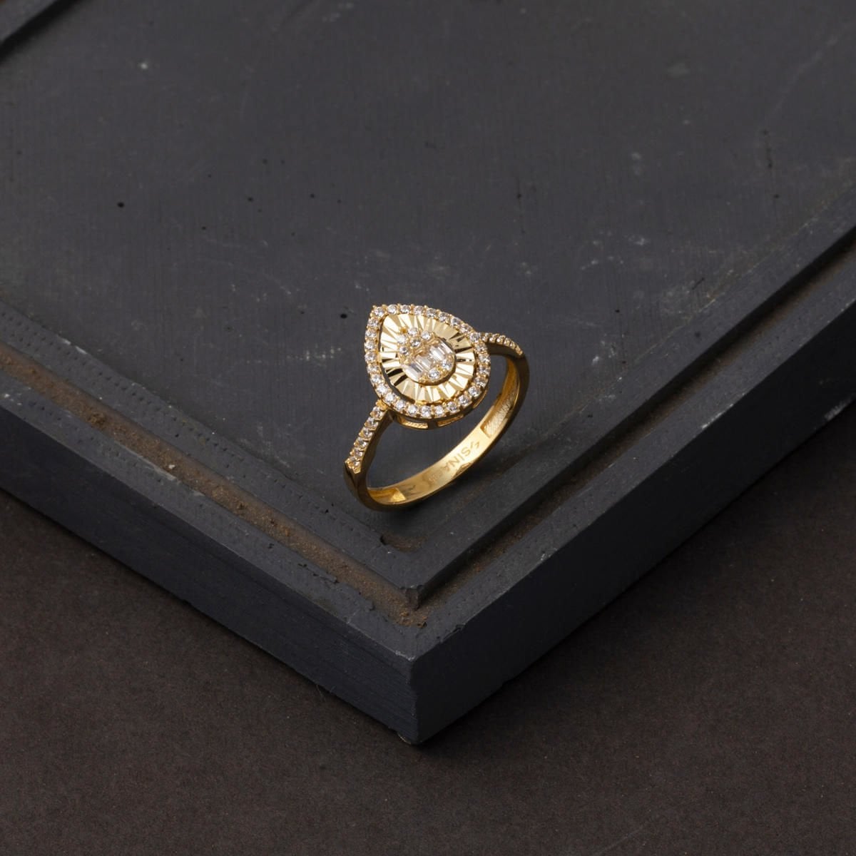 14K Yellow Gold Teardrop Baguette Cubic Zirconia Ring