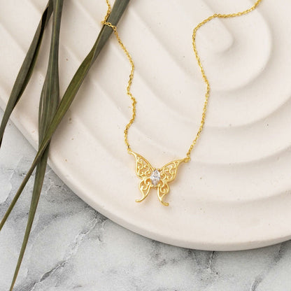 14K Yellow Gold Teardrop Butterfly Cubic Zirconia Necklace