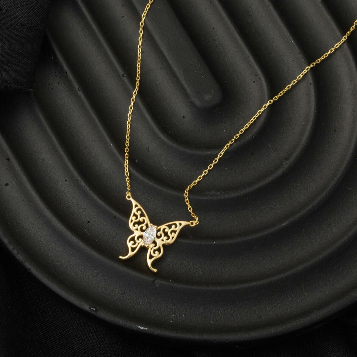14K Yellow Gold Teardrop Butterfly Cubic Zirconia Necklace