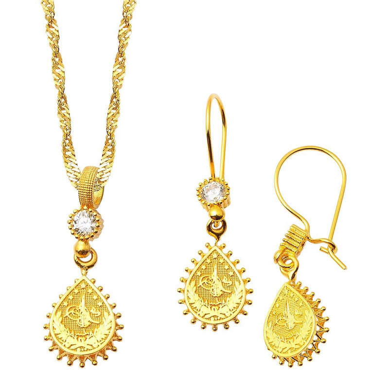 14K Yellow Gold Teardrop Ottoman Tughra Cubic Zirconia Necklace and Earrings Set