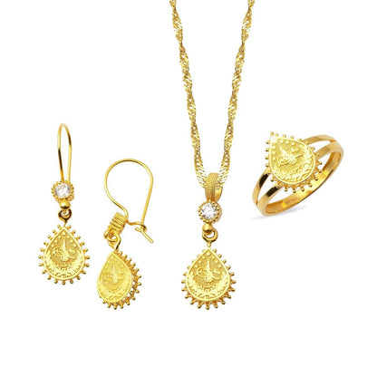14K Yellow Gold Teardrop Ottoman Tughra Cubic Zirconia 3-Piece Jewelry Set