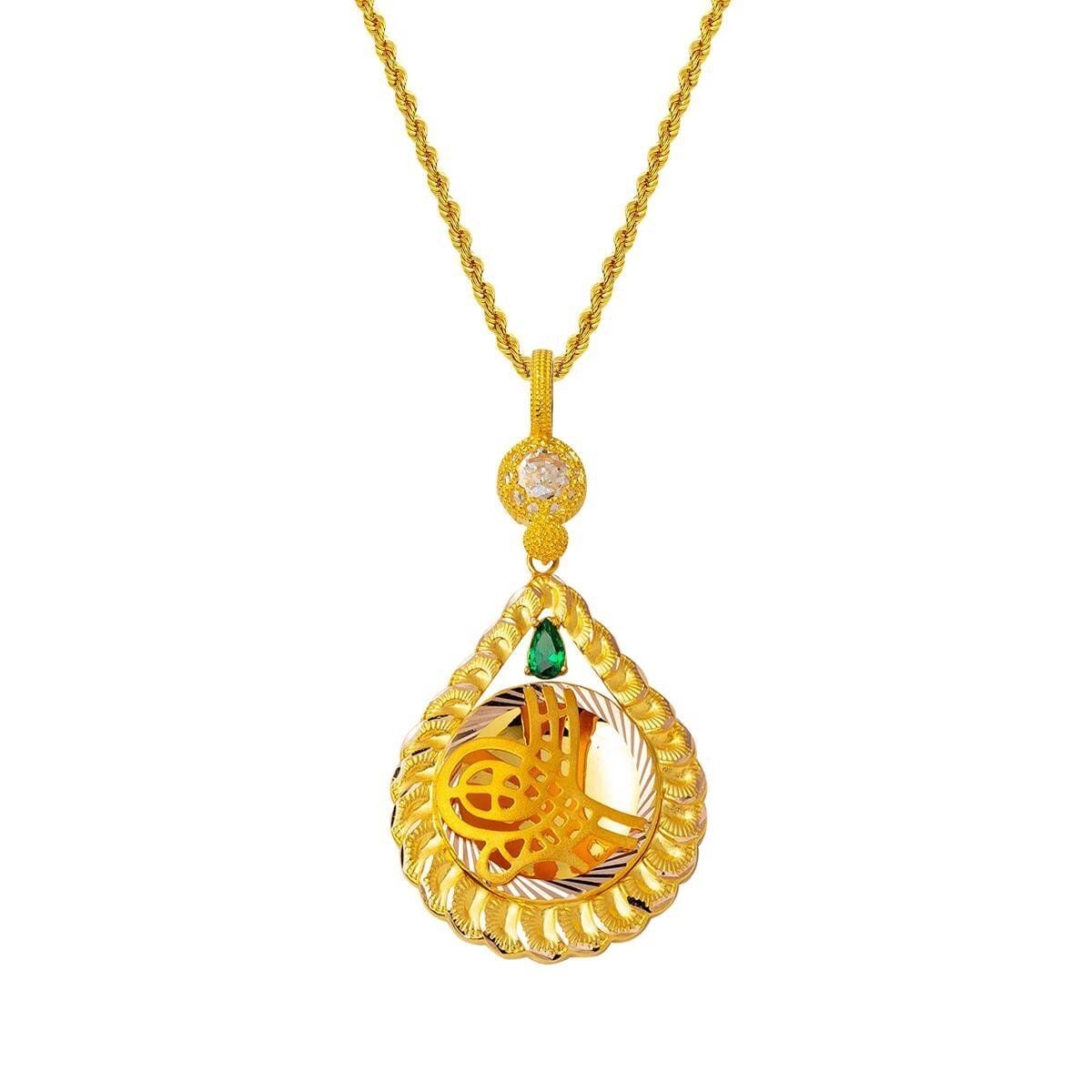 14K Yellow Gold Teardrop Ottoman Tughra Green Cubic Zirconia Necklace (8.96 g)