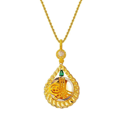 14K Yellow Gold Teardrop Ottoman Tughra Green Cubic Zirconia Necklace (8.96 g)