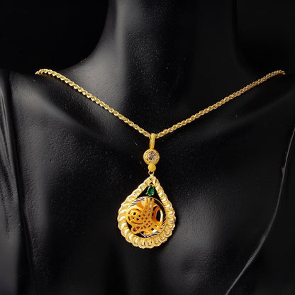 14K Yellow Gold Teardrop Ottoman Tughra Green Cubic Zirconia Necklace (8.96 g)