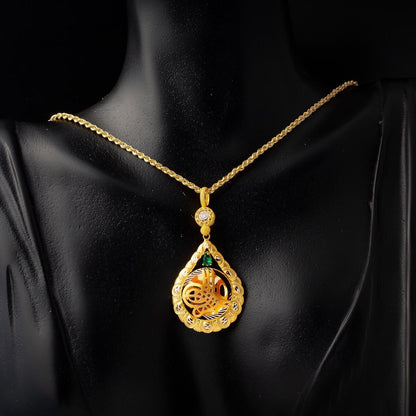 14K Yellow Gold Teardrop Ottoman Tughra Green Cubic Zirconia Necklace (8.24 g)