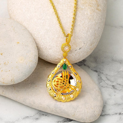 14K Yellow Gold Teardrop Ottoman Tughra Green Cubic Zirconia Necklace (8.24 g)