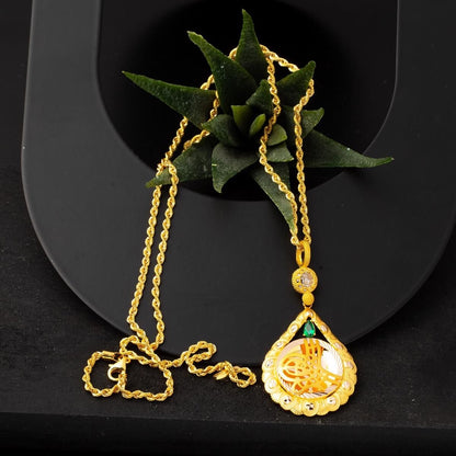 14K Yellow Gold Teardrop Ottoman Tughra Green Cubic Zirconia Necklace (8.24 g)