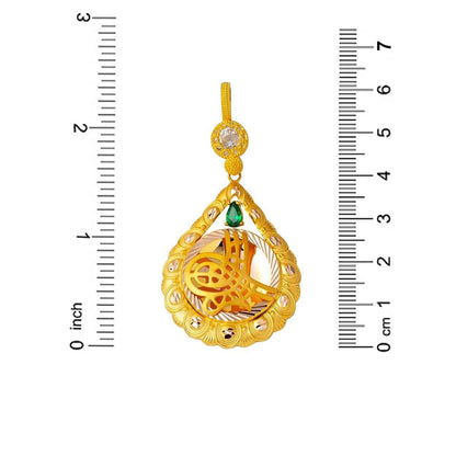 14K Yellow Gold Teardrop Ottoman Tughra Green Cubic Zirconia Necklace (8.24 g)