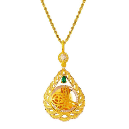 14K Yellow Gold Teardrop Ottoman Tughra Green Cubic Zirconia Necklace