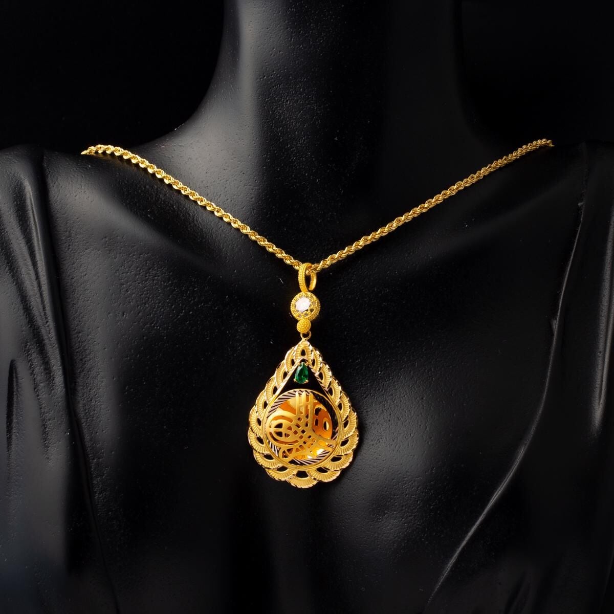 14K Yellow Gold Teardrop Ottoman Tughra Green Cubic Zirconia Necklace