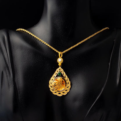 14K Yellow Gold Teardrop Ottoman Tughra Green Cubic Zirconia Necklace