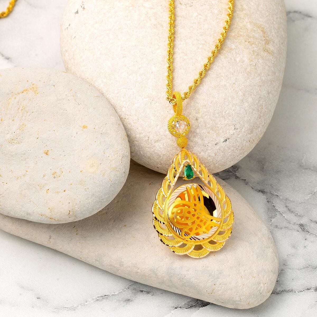 14K Yellow Gold Teardrop Ottoman Tughra Green Cubic Zirconia Necklace