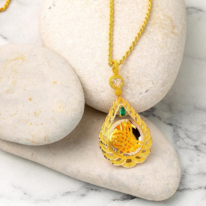 14K Yellow Gold Teardrop Ottoman Tughra Green Cubic Zirconia Necklace