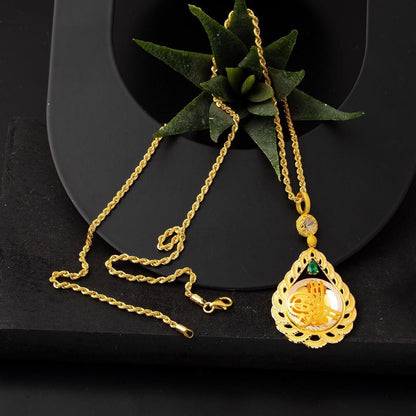 14K Yellow Gold Teardrop Ottoman Tughra Green Cubic Zirconia Necklace