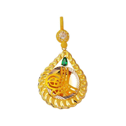14K Yellow Gold Teardrop Ottoman Tughra Green Cubic Zirconia Pendant