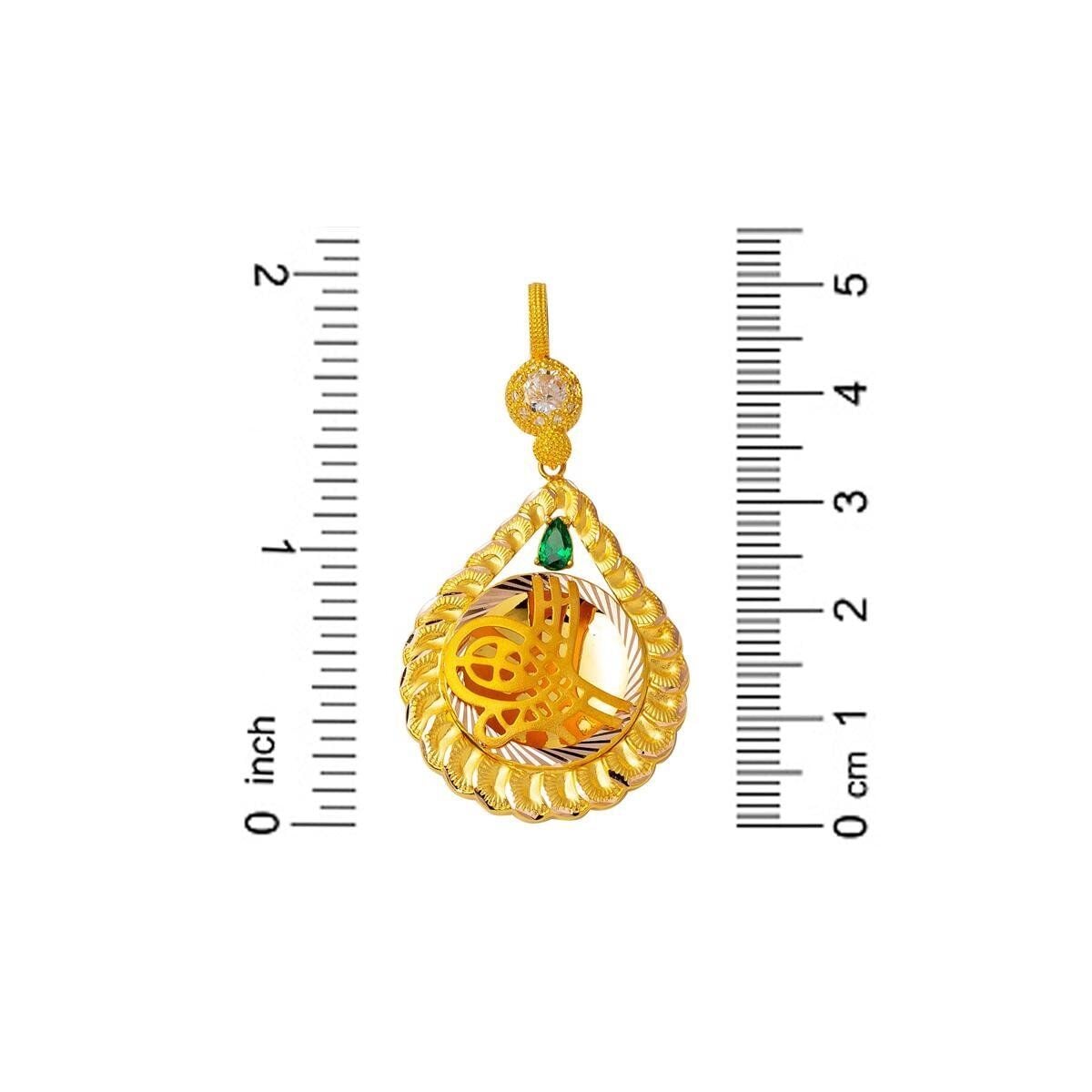14K Yellow Gold Teardrop Ottoman Tughra Green Cubic Zirconia Pendant