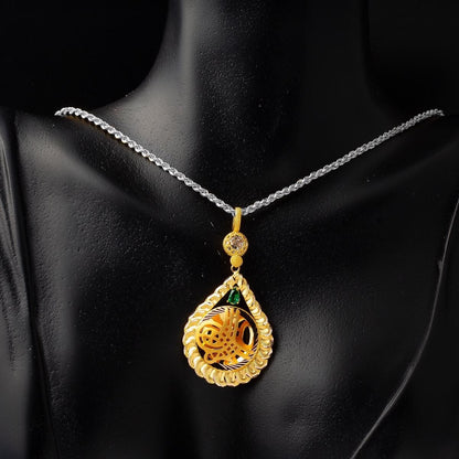 14K Yellow Gold Teardrop Ottoman Tughra Green Cubic Zirconia Pendant