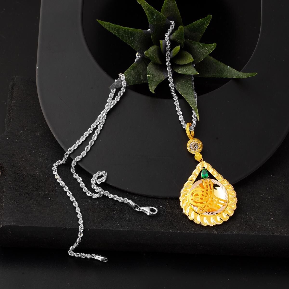 14K Yellow Gold Teardrop Ottoman Tughra Green Cubic Zirconia Pendant