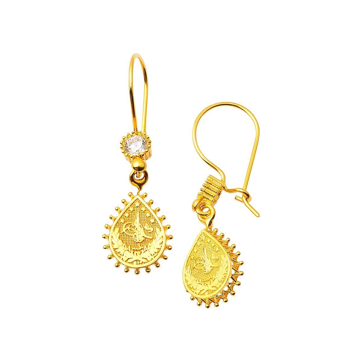 14K Yellow Gold Teardrop Ottoman Tughra Drop Cubic Zirconia Earrings