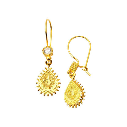 14K Yellow Gold Teardrop Ottoman Tughra Drop Cubic Zirconia Earrings