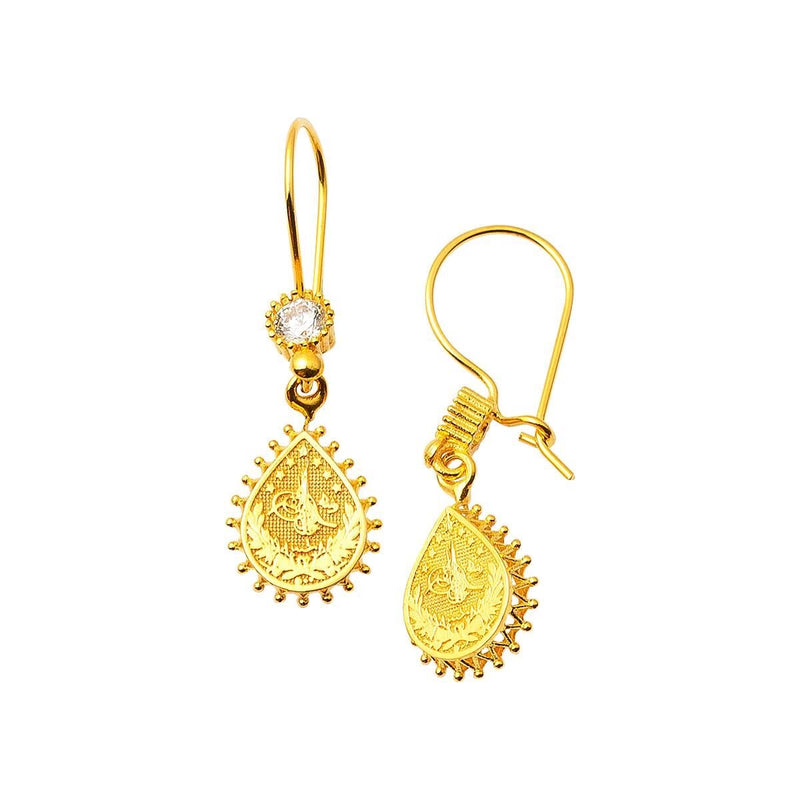 14K Yellow Gold Teardrop Ottoman Tughra Drop Cubic Zirconia Earrings