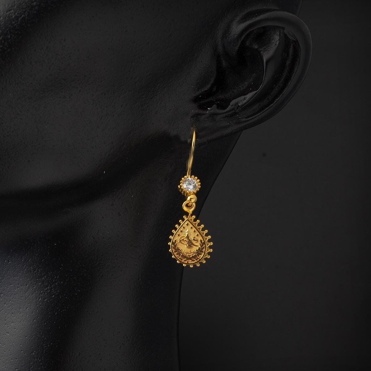 14K Yellow Gold Teardrop Ottoman Tughra Drop Cubic Zirconia Earrings