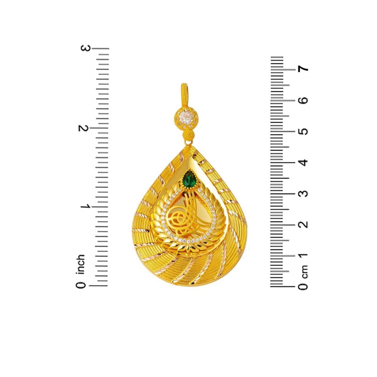 14K Yellow Gold Teardrop Green Cubic Zirconia Ottoman Tughra Pendant