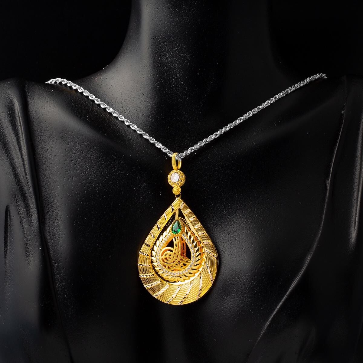 14K Yellow Gold Teardrop Green Cubic Zirconia Ottoman Tughra Pendant