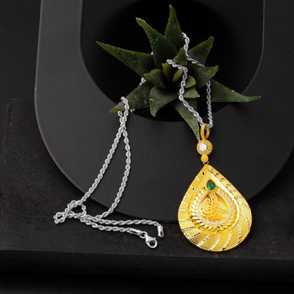 14K Yellow Gold Teardrop Green Cubic Zirconia Ottoman Tughra Pendant