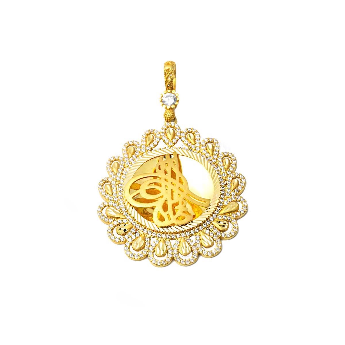 22K Yellow Gold Teardrop Ottoman Tughra Cubic Zirconia Pendant