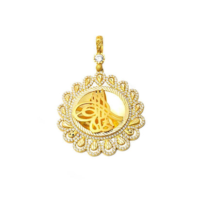 22K Yellow Gold Teardrop Ottoman Tughra Cubic Zirconia Pendant