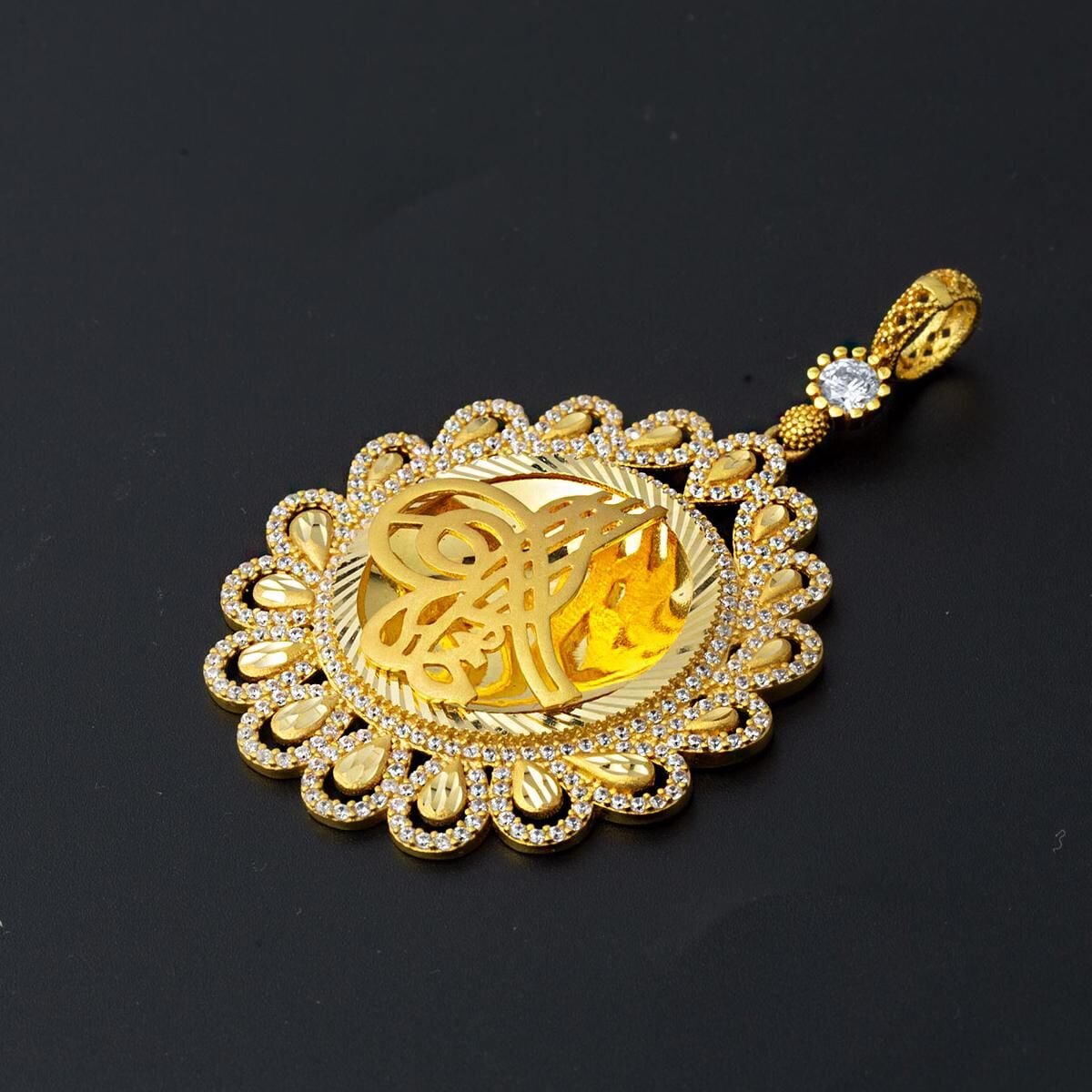 22K Yellow Gold Teardrop Ottoman Tughra Cubic Zirconia Pendant