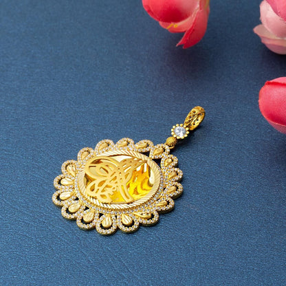 22K Yellow Gold Teardrop Ottoman Tughra Cubic Zirconia Pendant
