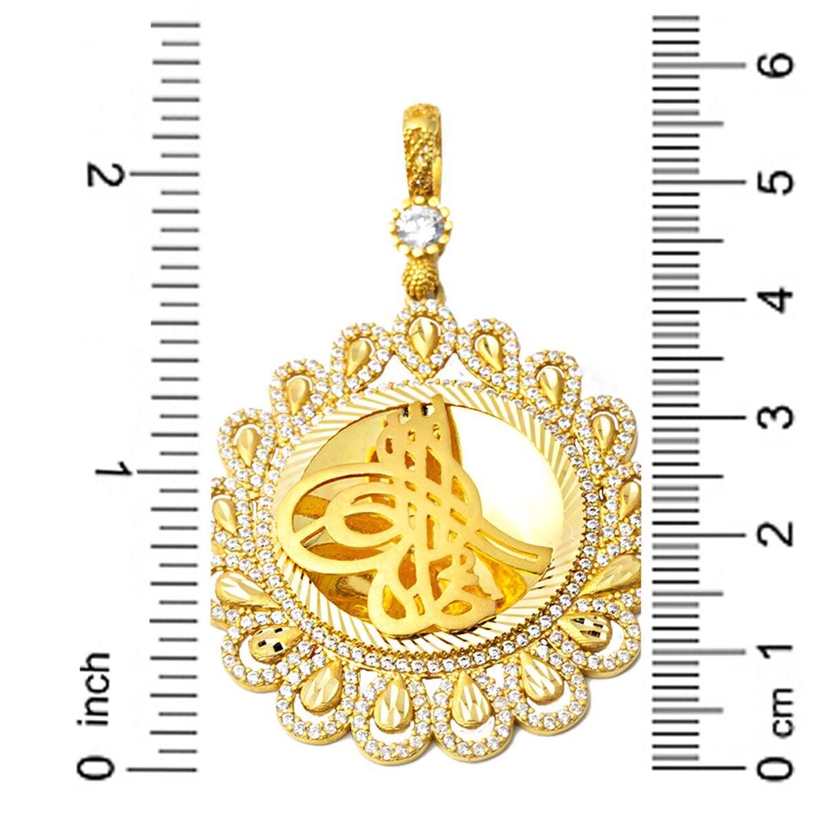 22K Yellow Gold Teardrop Ottoman Tughra Cubic Zirconia Pendant