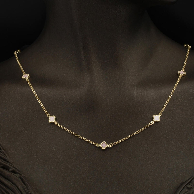 14K Yellow Gold Pink Clover Hoop Chain Cubic Zirconia Necklace