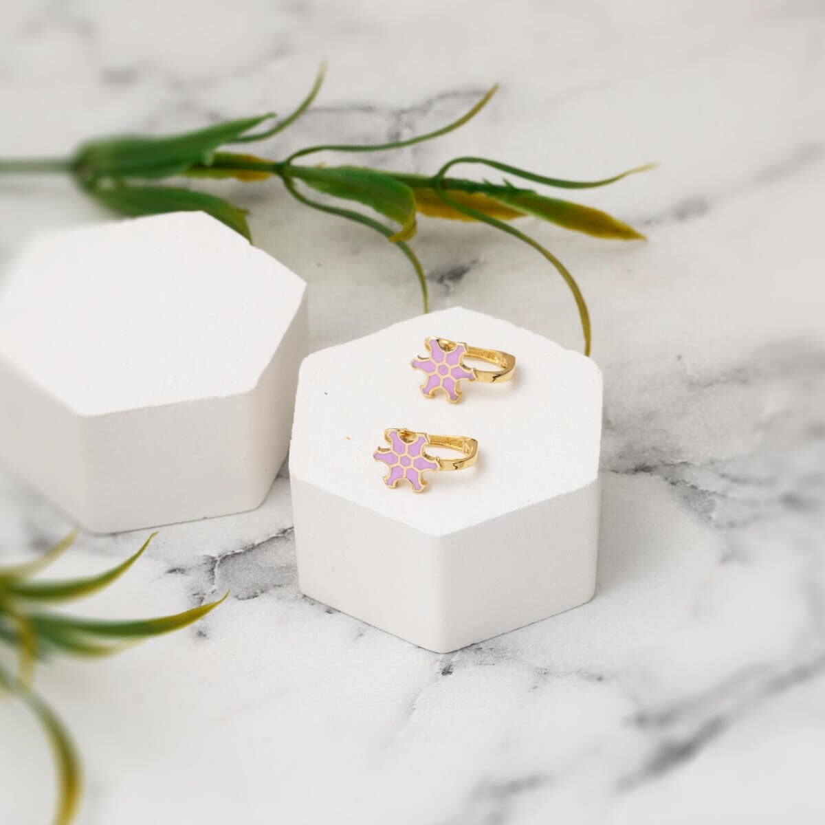 14K Yellow Gold Lilac Star Enamel Children's Earrings